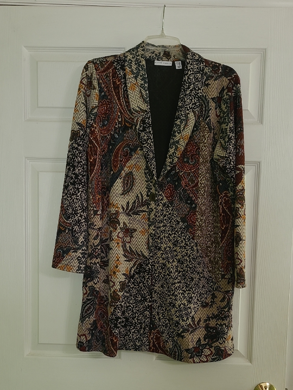 Susan Graver Earth-Tone Patchwork One Button Jacket. Size LP